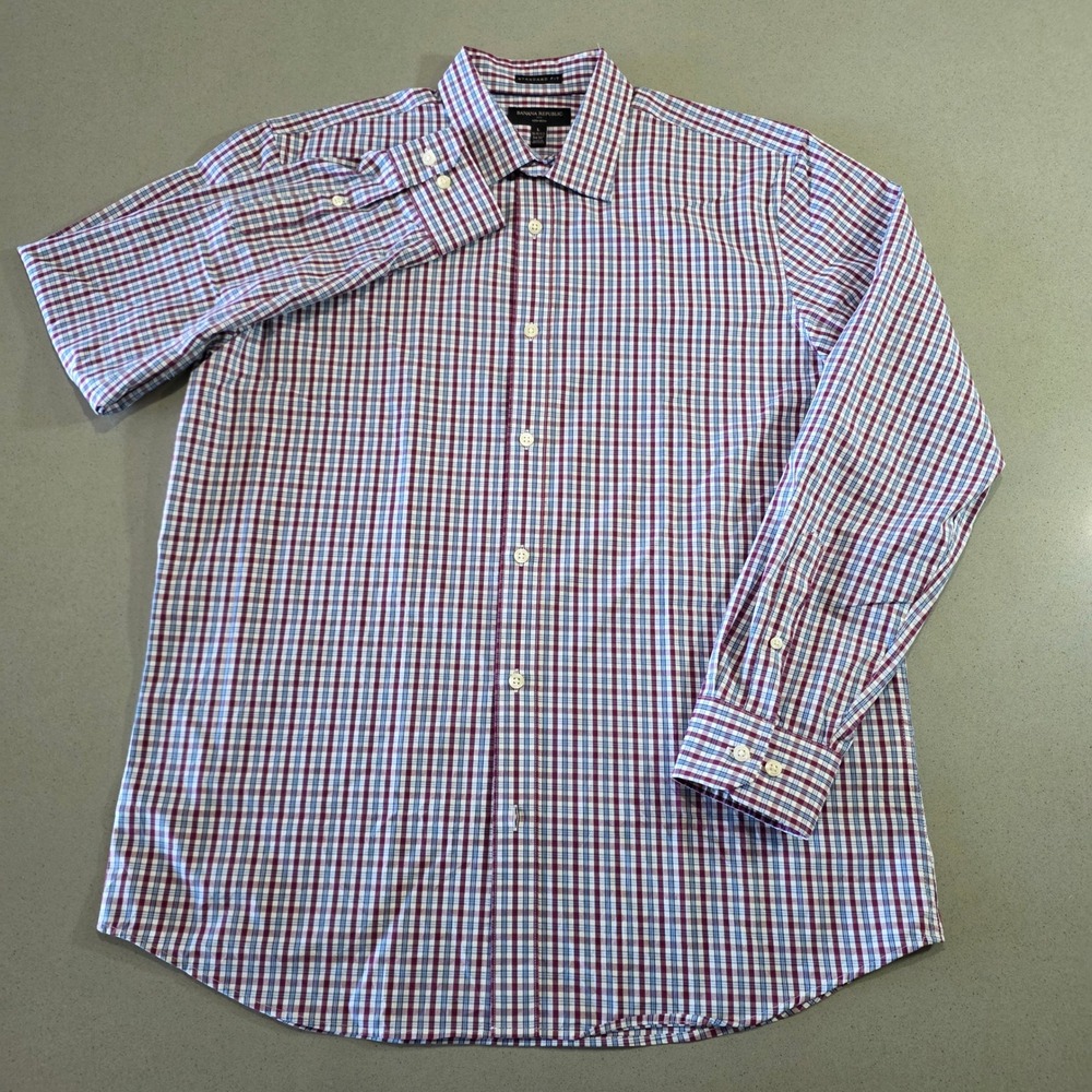 Banana Republic Mens L 16-16.5 34-35 Plaid Non-Iron Standard Fit Shirt Red Blue